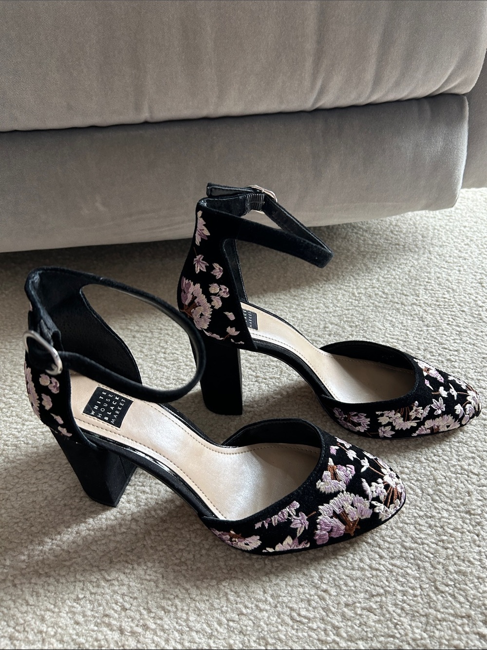 Floral Embroidered Black Ankle-Strap Heels